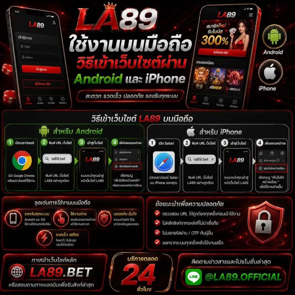 LA89 ใช้งานบนมือถือ วิธีเข้าเว็บไซต์ผ่าน Android และ iPhone